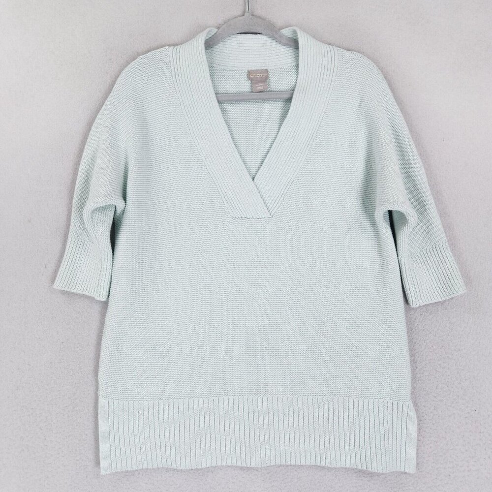 Chicos Sweater Women 0 Small Light Blue Shawl V Neck Half Sleeve Cotton Pullover